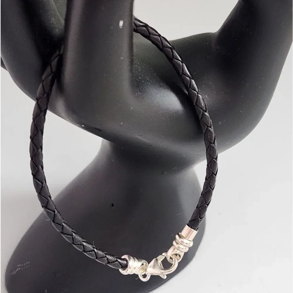 Black Braided Leather Bracelet 925 Silver